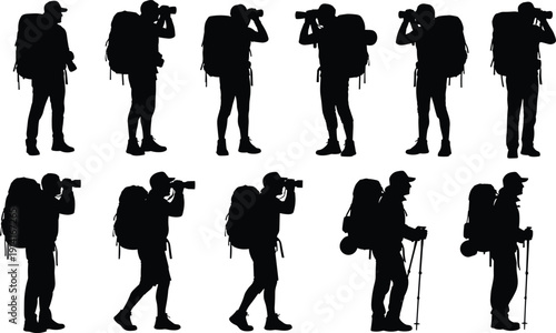 Photographer silhouettes with backpack camera hiking travel photography vector illustration isolated background collection professional outdoor photographer set