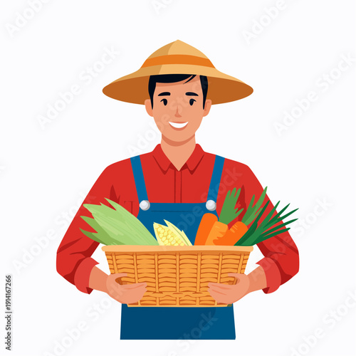 A smiling person working as a farmer holding a basket of fresh vegetables, representing people's profession in agriculture and their work