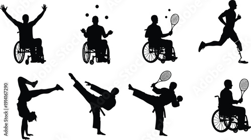 Adaptive Sports Silhouette Set, Disabled Athletes in Wheelchair Tennis, Running with Prosthetic Leg and Martial Arts Action Poses