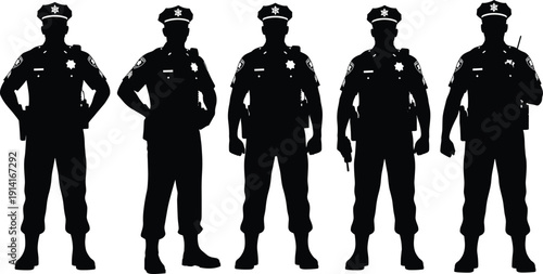 Police officer silhouettes set, law enforcement uniform with badge radio gun standing security guard vector illustration isolated background
