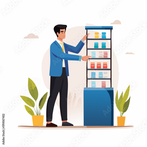 A person working in their profession, arranging stock on shelves, standing near plants in a modern workspace.