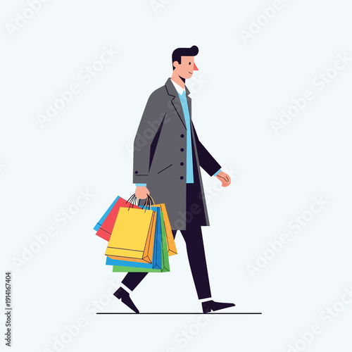 Man with Shopping Bags Walking, Colorful Purchases, Modern Flat Illustration