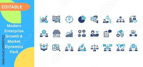 Modern business expansion and market dynamics icons. Premium outline icon set for professional presentations and web design. Growth graph, magnifying glass, lightbulb, faq, organization chart