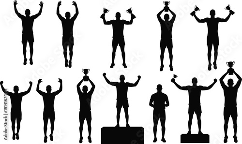 Champion Celebration Silhouette Set, Athletes Holding Trophy and Winning on Podium, Black Vector Sports Illustration Isolated on White Background