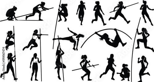 Female Pole Vault Athlete Silhouette Collection, Track and Field Jumping Action Poses, Black Vector Sports Illustration Isolated on White Background