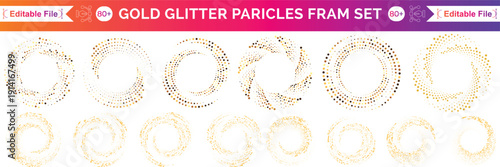 Golden sparkling ring with dust glitter graphic on dark blue and white background. Glorious decorative glowing shiny design. Discount sign with empty cen. Letter O vector logotype or zero label.