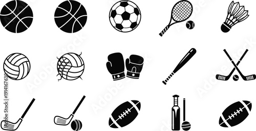 Sports Equipment Icons Collection, Balls, Rackets, Bats, Gloves and Sticks, Black Vector Illustration Set Isolated on White Background