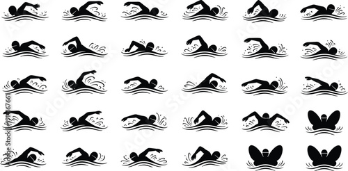 Swimming Silhouette Collection, Swimmer Performing Freestyle and Butterfly Strokes in Water, Black Vector Illustration Set Isolated on White Background