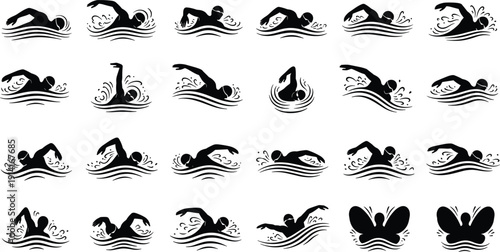 Swimming Stroke Silhouette Set, Swimmers Performing Freestyle and Butterfly Techniques, Black Vector Illustration Collection Isolated on White Background