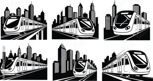 Modern metro train silhouettes with city skyline, urban subway transportation vector illustration isolated background collection set