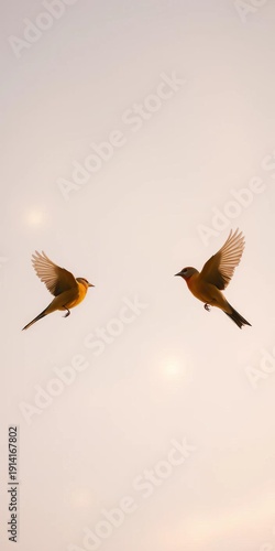 A celestial murmur of color, birds in gentle concert beneath a muted sky, their synchronized song an embodiment of serene delight,  vibrance,  music