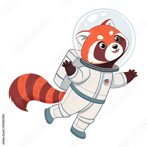 A charming red panda in a spacesuit floats with a joyful expression, perfect for inspiring curiosity and adventure in educational or creative projects.