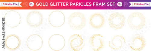 Golden sparkling ring with dust glitter graphic on dark blue and white background. Glorious decorative glowing shiny design. Discount sign with empty cen. Letter O vector logotype or zero label.