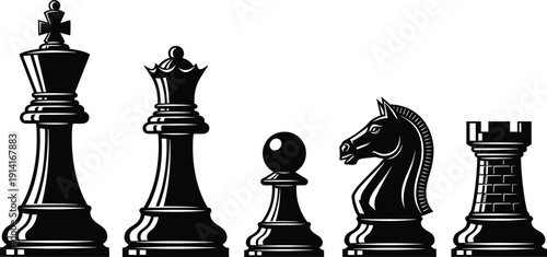 Black and White Illustrations of Chess Pieces King Queen Pawn Knight Rook Keywords: chess, game, strategy, board game, pieces