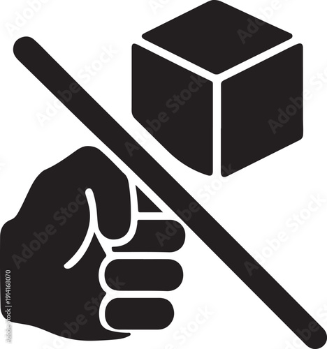 Fist hand symbol with prohibition sign across cube object for concept of no touching no handling or restricted access for safety and warning on transparent background