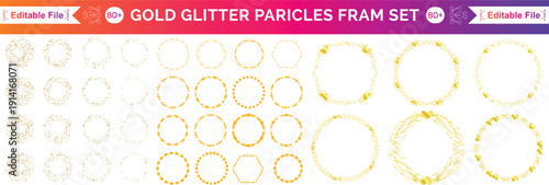 Golden sparkling ring with dust glitter graphic on dark blue and white background. Glorious decorative glowing shiny design. Discount sign with empty cen. Letter O vector logotype or zero label.