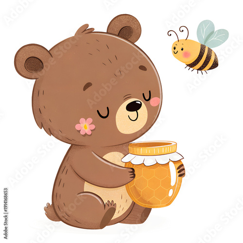 A sweet bear savors honey from a jar with a bee friend nearby, evoking feelings of joy and warmth.