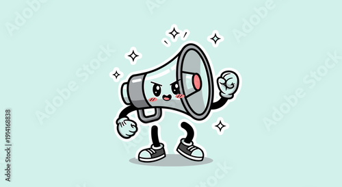 Playful Megaphone Character Striding with Energetic Pose.