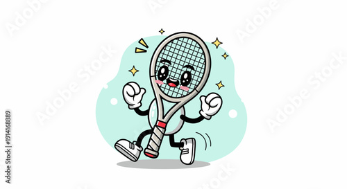 Playful Tennis Racket Character Running Energetically On Court.