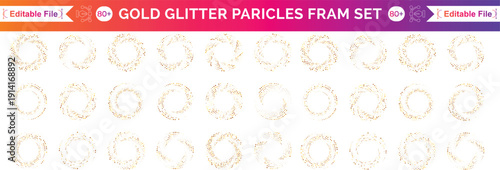 Gold circle glitter frame. Golden confetti dots round on white background. Bright texture pattern for Christmas celebration party, New Year card. Glow border. Abstract design. Vector illustration