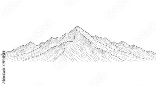 A black and white drawing of a mountain range