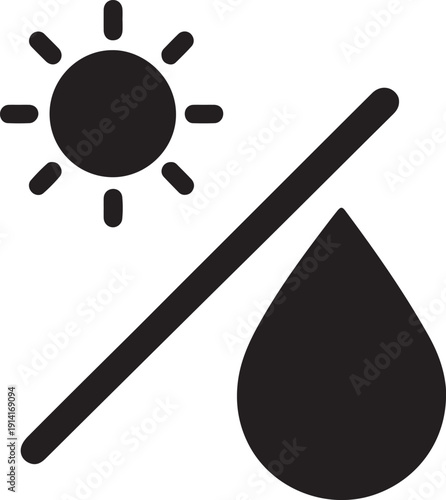 Sun and water drop icon with prohibition sign for concept of avoid direct sunlight and keep dry, suitable for product care instructions on transparent background