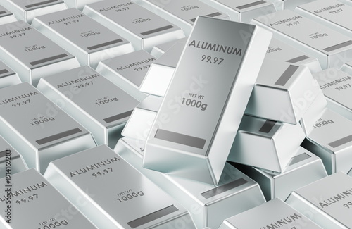 Aluminum ingots bars stacked, metal ingots background. 3D rendering