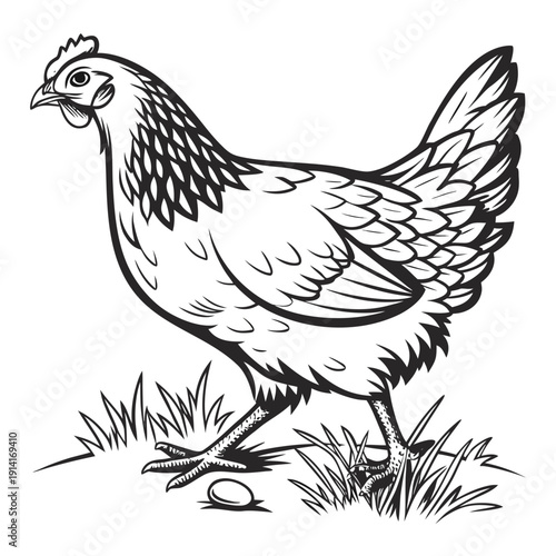 Black and white of a chicken standing in grass with an egg