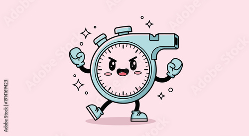 Playful cartoon stopwatch character ready for action.