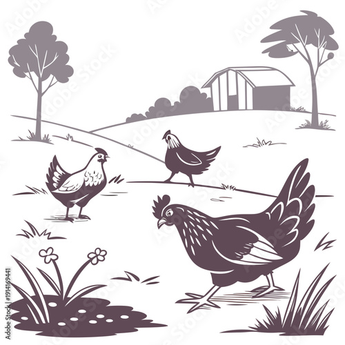 Chickens on farm with barn and trees grass