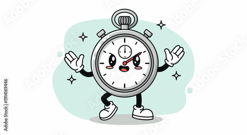 Playful cartoon stopwatch character with arms and feet.