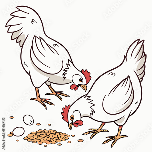 White chickens eating feed and eggs on ground cartoon chickens