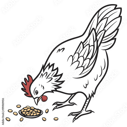 White cartoon chicken eating from bowl red comb