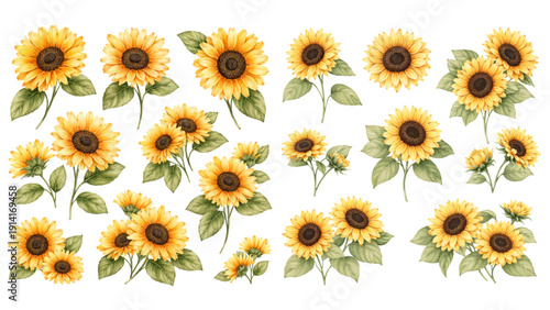 A charming watercolor collection of bright sunflowers, including golden blooming heads, rich brown centers, fresh green leaves, and delicate botanical stem details.