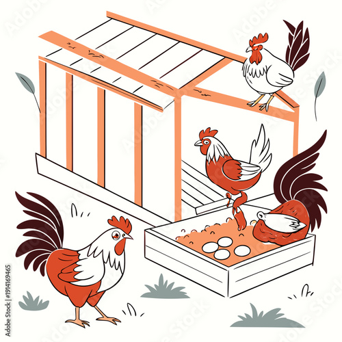 Chickens around a coop with eggs roosters henhouse