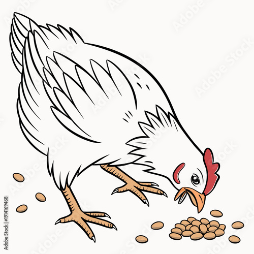 White chicken eating brown seeds cartoon chicken bird