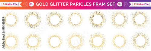 Gold circle glitter frame. Golden confetti dots round on white background. Bright texture pattern for Christmas celebration party, New Year card. Glow border. Abstract design. Vector illustration