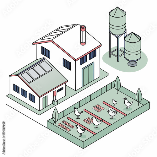 Isometric farmhouse with chicken coop and silos