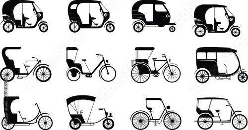 Auto rickshaw and cycle rickshaw silhouette variations, urban public transport three wheeler taxi collection, traditional and modern vehicle vector illustration isolated icon set