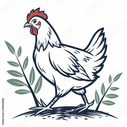 White chicken standing on ground with green leaves