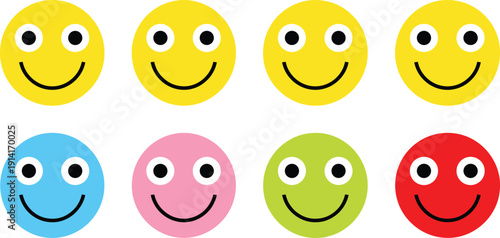 Colorful smiling face emoji icon set in different bright colors for kids apps games and cheerful designs