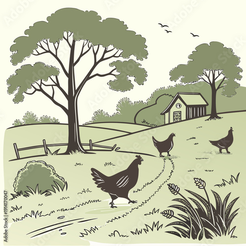 Chickens in a green field with trees and a house farm