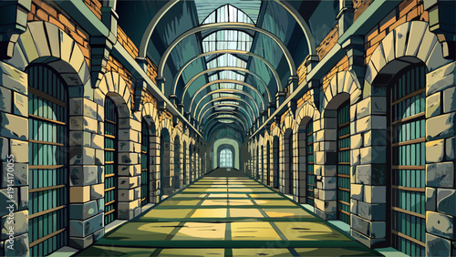 Very beautiful gothic prison corridor at Eastern State Penitentiary, long vaulted hallways fading into shadow and textured stone walls.