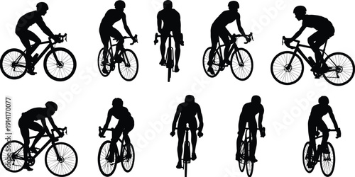 Cyclist silhouettes set, road cycling riders in multiple positions, professional racing bicycle sport vector illustration, isolated black athlete figures for fitness design