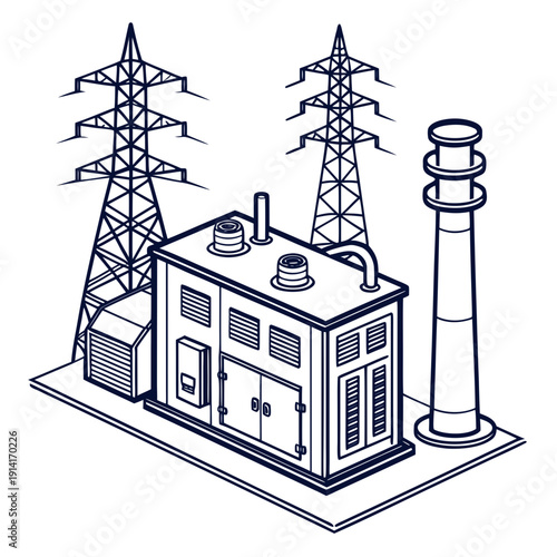 Isometric power plant with transmission towers and smokestack