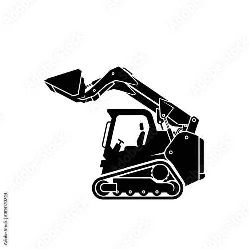 Black silhouette of a compact tracked loader with a raised bucket on a white background.
