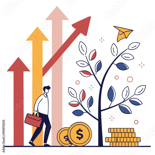 Businessman walking towards growing tree with coins and gold bars and upward arrows