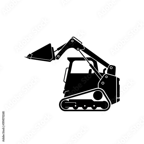 Black silhouette of a compact tracked loader with a raised bucket on a white background