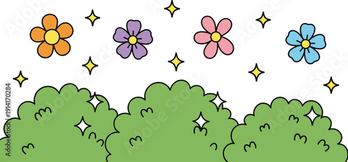 Cute garden illustration with colorful flowers bushes and sparkling stars for kids scenes playful backgrounds and storybook design
