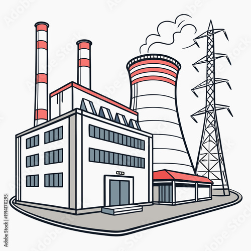 Nuclear power plant with cooling tower and electrical transmission tower